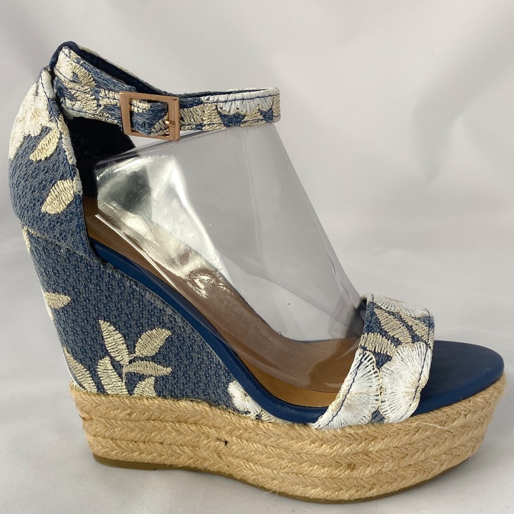 CHOICE - Denim/Fabric Flower Embroidered Wedge Espadrille w/ Ankle Strap